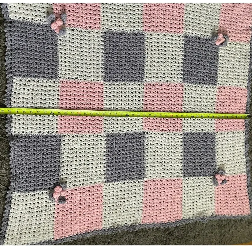 Vintage Hand Crochet knit Baby Blanket 42.5X42.5 color squares and flowers